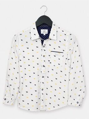 Craft + Flow Little Boy Dog Print Button-Up Shirt Size 6 Large White Navy Yellow